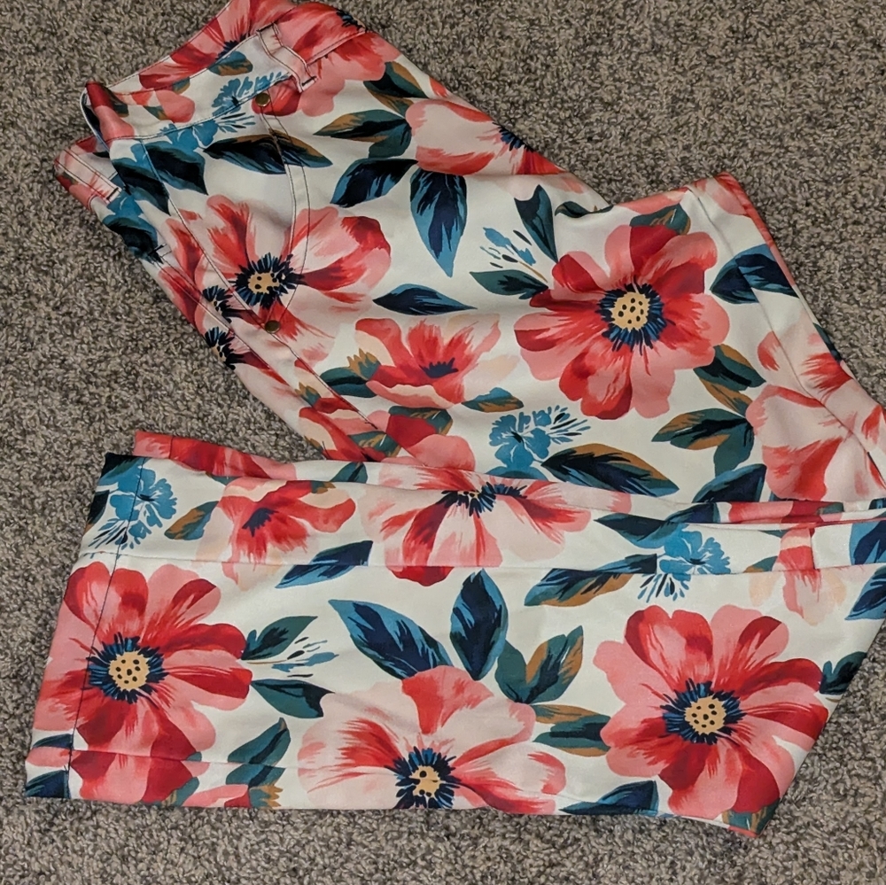 Shein XS (4-6) Floral Wide-Leg Pants in Coral & Teal